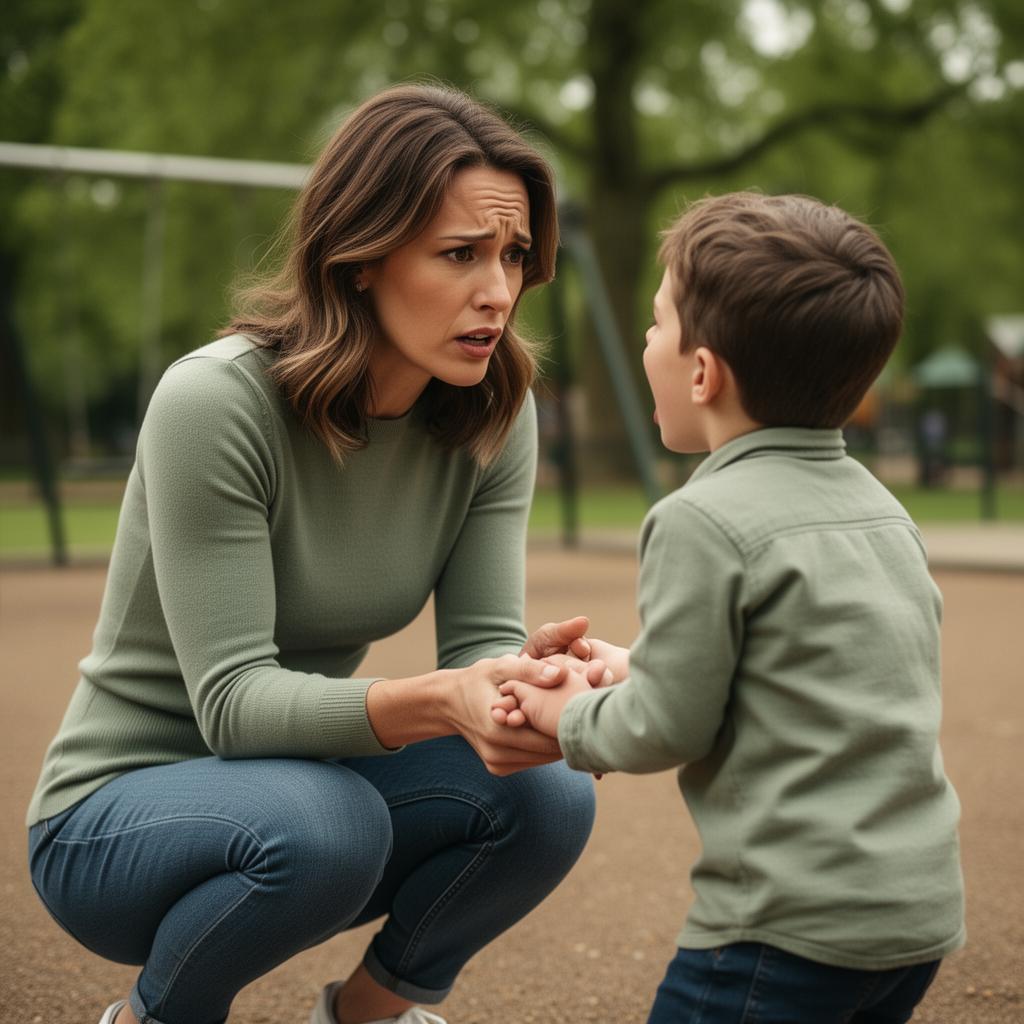 A mother kneeling on the grass in a park, holding and calming her upset young son